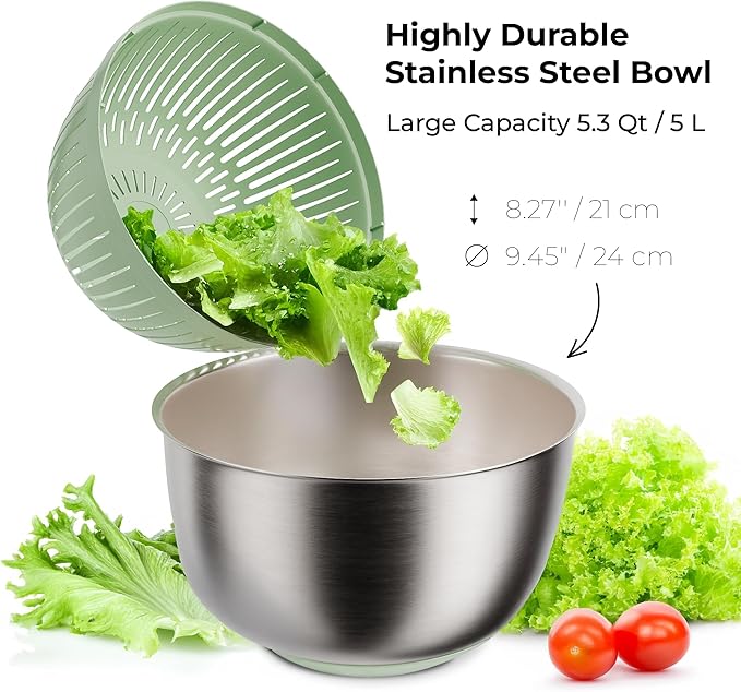 Large Stainless Steel Salad Spinner 5.3QT, Lettuce Dryer, Vegetable Washer with Brake Button, Non-Slip Base, Salad Dryer for Greens, Fruits & Vegetables