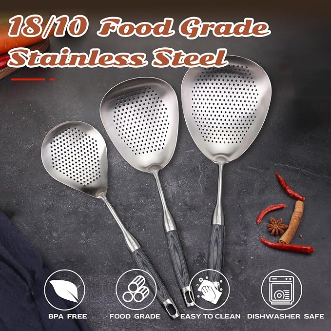Skimmer Slotted Spoon - 304 Stainless Steel Mesh Strainer Spoon - 15in Large Slotted Pasta Spoon with Wooden Handle - Colanders & Food Strainers Spoon for Kitchen Cooking Draining and Frying
