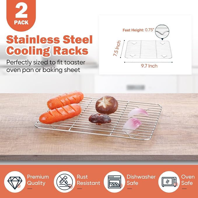 Homikit 2 Pack Small Baking Cooling Racks, 9.7 * 7.5 Inch Stainless Steel Wire Rack for Cooking Roasting Grilling, Fit for Toaster Oven Pan, Non-toxic & Heavy-Duty