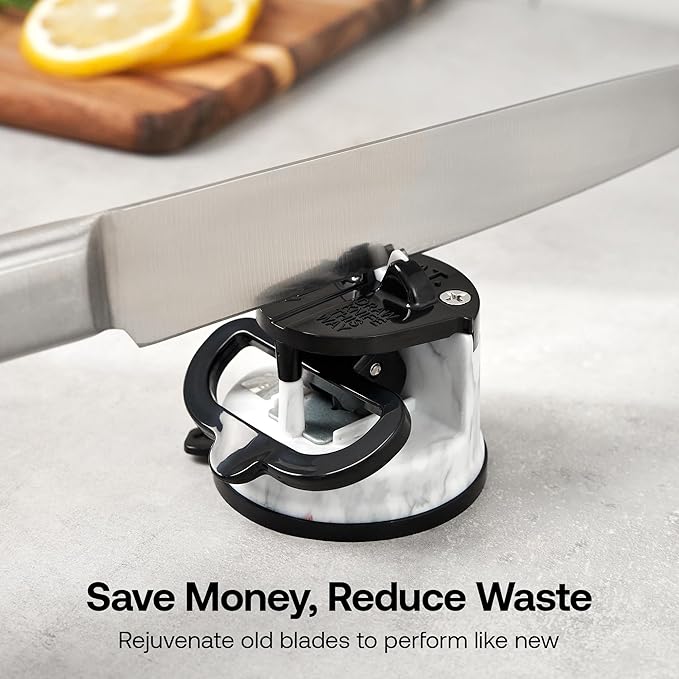 AnySharp – Editions – Hands Free Knife Sharpener - Easy to Use Sharpening Tool w/PowerGrip Suction Base and 20-Degree Pre-Set Angle - for All Knives: Chef's, Serrated, Hardened Steel - White Marble