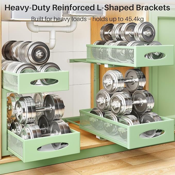 Under Sink Organizer, 2 Tier Pull out Cabinet Organizer Baskets with Mesh Sliding Drawers, Slide out Storage Shelf for Home, Kitchen, Bathroom, Pantry, Office Cabinet(1 Pack, Green)