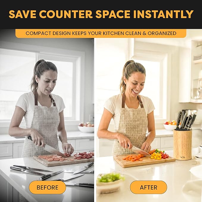 Vos Universal Knife Block - Countertop Knife Block Without Knives - Knife Holder with Non-Slip Base Sturdy Knife Organizer - Space Saving Knife Stand, Sleek & Modern Knife Rack - Bamboo