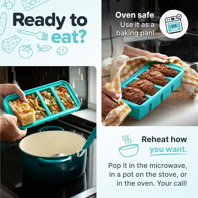 Souper Cubes 1 Cup Silicone Freezer Molds with Lids, Aqua, 2-Pack | 100% Platinum-Cured Silicone Food Mold, Oven and Microwave Safe, Perfect for Freezing Soup, Rice, Protein, Grains and More