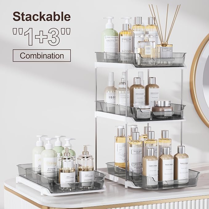 Delamu 2-Tier Multi-Purpose Bathroom Under Sink Organizers and Storage, Stackable Kitchen Pantry Organization, Pull Out Medicine Cabinet Organizer with Movable Dividers, Grey, 4 Pack