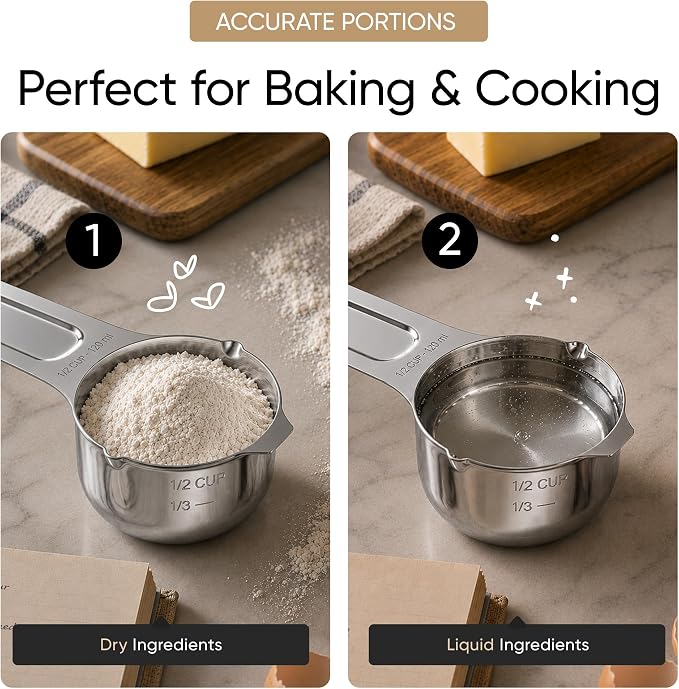 Color Up Measuring Cup Set, 8 Piece, Copper and Chrome Finish, Stainless Steel, Accurate for Wet & Dry Ingredients, Embossed Markings, Easy Pour Spouts, Dishwasher Safe, Kitchen Essential (Stainless)