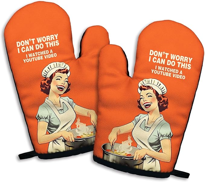 Don't Worry I Can Do This I Watched A YouTube Video, Funny Silicone Non-Slip Oven Mitts Sets of 2, Retro Cooking Baking Mitts, Kitchen Gift for Women, Housewarming Gifts