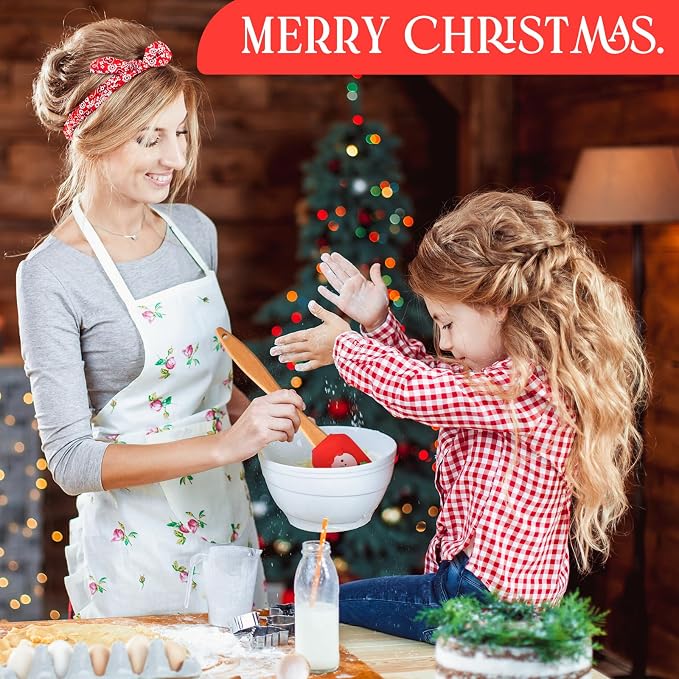 Patelai 16 Pieces Christmas Silicone Spatula Set Kitchen Christmas Spatula Set Santa Claus Snowman Gingerbread Spatula Christmas Cake Decorating Spatula with Handle for Baking Cooking (Wooden)