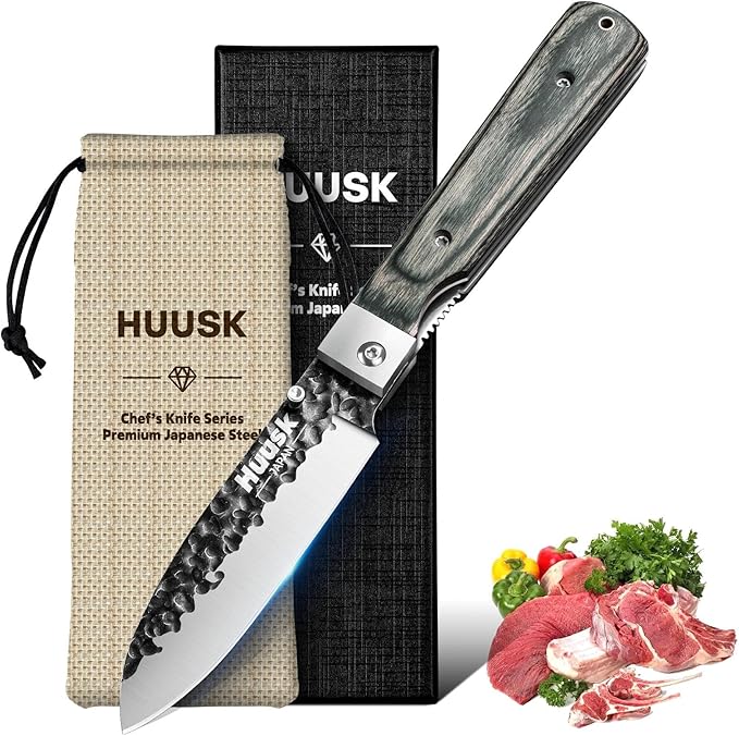 Huusk Japanese Folding Santoku Knife - Pocket Chef Knife with Hand Forged Blade - Portable Kitchen Knives for BBQ, Camping and Travel - Gift for Men and Women
