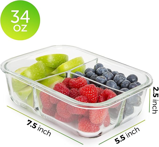 PrepNaturals 4 Pack 34oz Glass Meal Prep Containers - 3 Compartments | Borosilicate Glass Meal Prep Containers - Airtight Leak-Resistant Lids, Microwave, Oven & Freezer Safe (4-Pack, 34 oz)