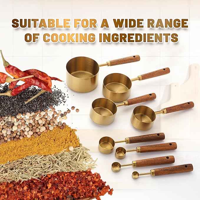Premium Stainless Steel Measuring Cups and Spoons Set with Wood Handle | 8-Pieces Kitchen Essentials for Baking, Cooking, Coffee with Ergonomic Grip & Engraved Markings (Gold8)