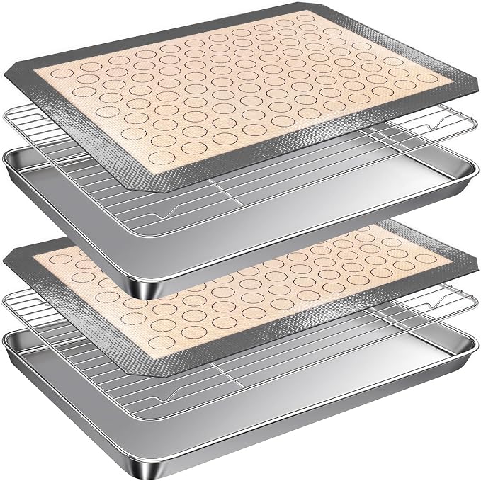 Stainless Steel Baking Sheet Tray Cooling Rack with Silicone Baking Mat Set, 16 x 12 x 1 Inch Cookie Sheet Pan with Wire Rack Set, Set of 6 (2 Sheets + 2 Racks + 2 Mats), Heavy Duty & Rust Proof