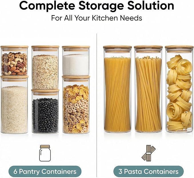 Airtight Glass Storage Containers with Lids Set, 9 Pack Pantry and Pasta Storage Containers 25/37/51/78oz, Square Kitchen Canister Set for Flour Sugar Rice, Cereal Beans Oats Spaghetti Pasta