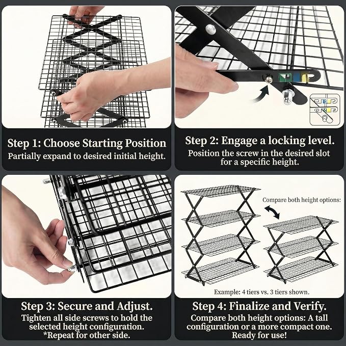 4-Tier Stackable Cooling Rack for Baking, Heavy Duty Stainless Steel Baking Rack, Foldable Space Saving Design, Oven Safe Wire Rack Fits Quarter Sheet & Jelly Roll Pans, Dishwasher Safe