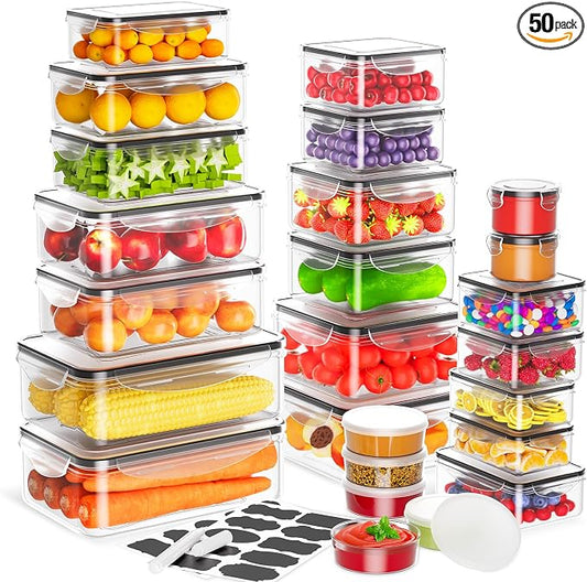 50 PCS Food Storage Containers with Lids Airtight (25 Lids & 25 Containers) | Reusable Plastic Leakproof Meal-Prep Container for Kitchen Storage Organization Microwave/Dishwasher Safe with Labels & Pen