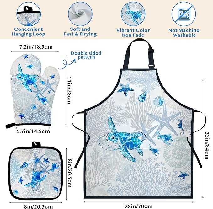 8 PCS Ocean Bamboo Kitchen Cooking Utensil Spoon Set with Apron Oven Mitt Potholder,Gift for Women Coastal Decor Beach Theme Kitchen Decorations,Sea Turtle Lovers,Housewarming,Birthday,Easter