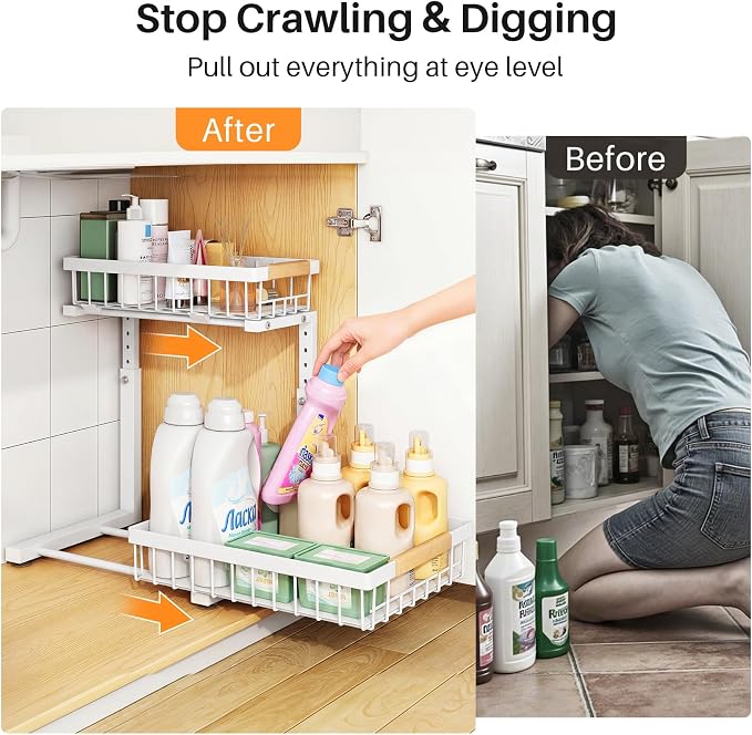 PXRACK Under Sink Organizer, Adjustable Height, 2 Tier Pull Out Under Cabinet Organizer, Slide Out Thickened Metal Under Sink Storage for Kitchen Bathroom Laundry Pantry Cabinet, White, Small-1-Pack