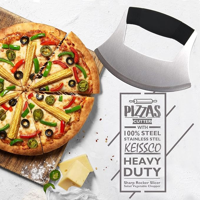 KEISSCO Pizza Cutter Stainless Steel Ulu knife Razor Sharp Rocker Slicer Cutter Mincing Mezzaluna Knife Salad Vegetable Chopper with Upgraded Ergonomic Anti-Slip Handle
