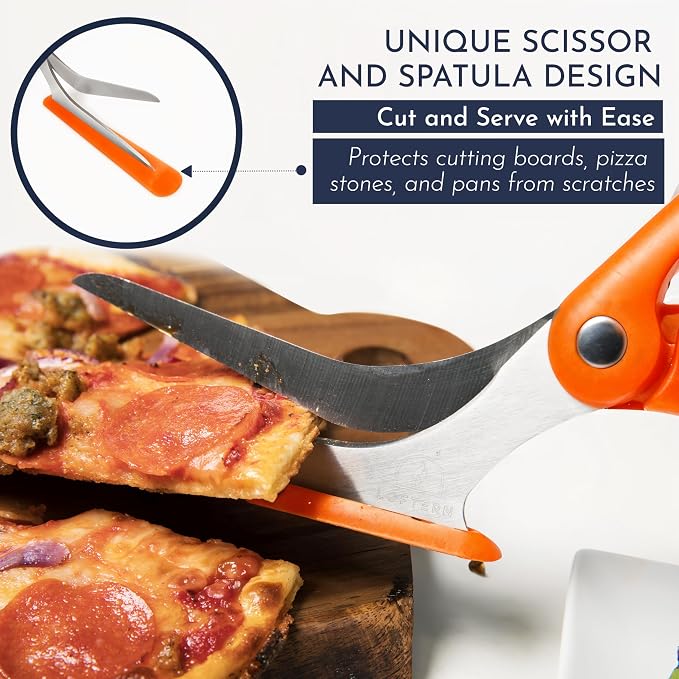 Pizza Scissors - Non-Stick Pizza Scissors with Firm Grip Base - Food Grade Stainless Steel Pizza Cutter - 5-in-1 Food Slicer & Pizza Server - Durable, Safe & Mess Free - Orange