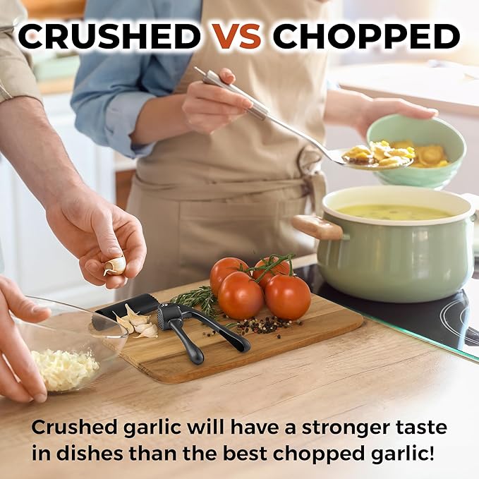 Zulay Kitchen Large Premium Garlic Press Set - Bigger Bowl for Bigger Garlic - Rust Proof Garlic Mincer Tool - Easy-Squeeze, Easy-Clean Silicone Garlic Peeler & Brush (Dark Gray)