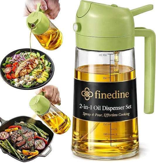FineDine 16 oz Glass Olive Oil Sprayer for Cooking, Oil Dispenser, Green | Glass 2-in-1 olive oil dispenser bottle, oil dispenser for kitchen, oil spray bottle, mist or stream, anti-drip spout, salads