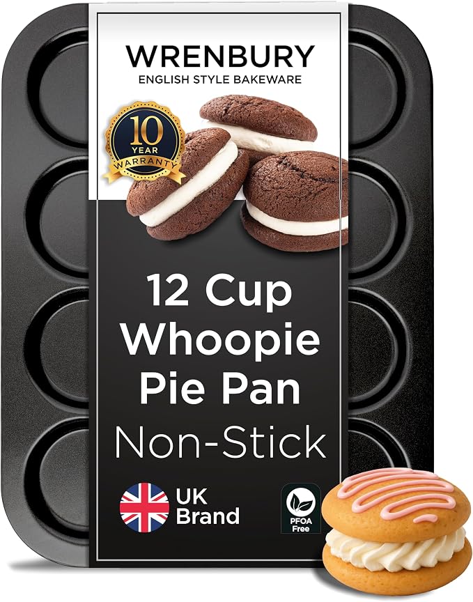 Wrenbury Nonstick Whoopie Pie Pan 12-Cup for Muffin Top - Carbon Steel Shallow Baking Tray for Macarons Cookies Yorkshire Puddings Cornbread & Burger Buns