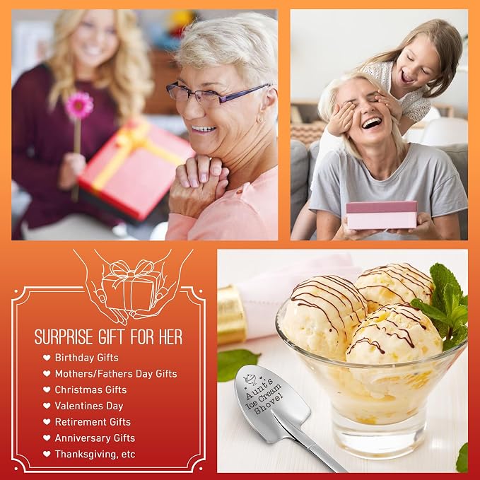 Funny Aunts Ice Cream Shovel Spoon for Best Aunt, Aunt Gifts from Niece Nephew, Christmas Birthday Gifts for Aunt White Elephant, Small Ice Cream Scoop for Aunt's Anniversary Mothers Day Valentines