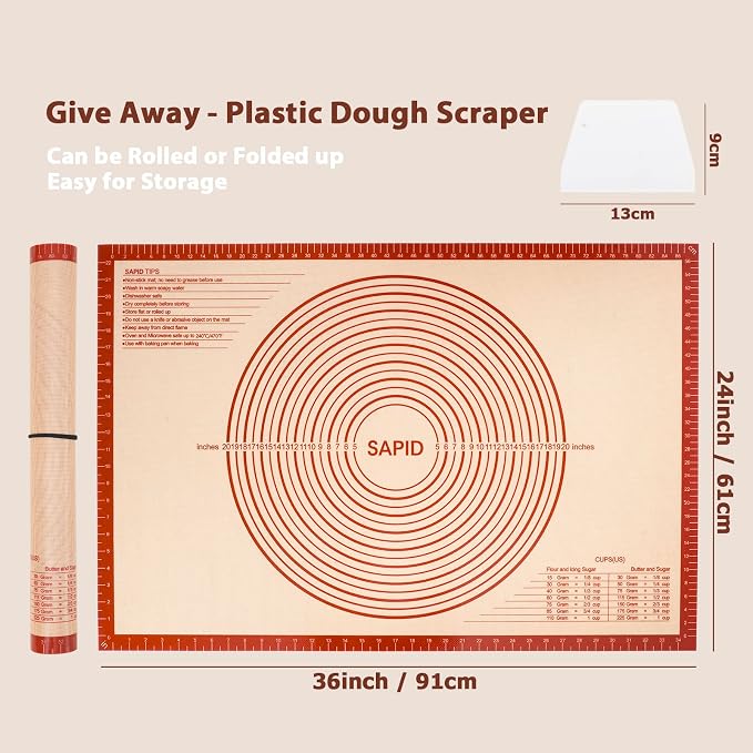 Sapid Thick Silicone Pastry Mat Baking Dough Rolling Extra Large 24" x 36" | Non-slip with Measurements for Non-stick Dough Rolling, Pie Crust, Kneading Mats, Countertop, Placement Mats (Red)