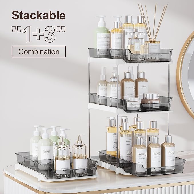 Delamu 2-Tier Multi-Purpose Bathroom Under Sink Organizers and Storage, Stackable Kitchen Pantry Organization, Pull Out Medicine Cabinet Organizer with Movable Dividers, Black, 2 Pack