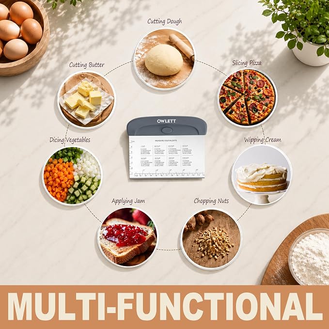 2 PCS Dough Scraper, Stainless Steel Bench Scraper with Dual Measuring Scale & Conversion Chart, Bowl Scraper Dough Cutter, Kitchen Scraper for Baking Pastry Bread Pizza Cake, Recessed Storage