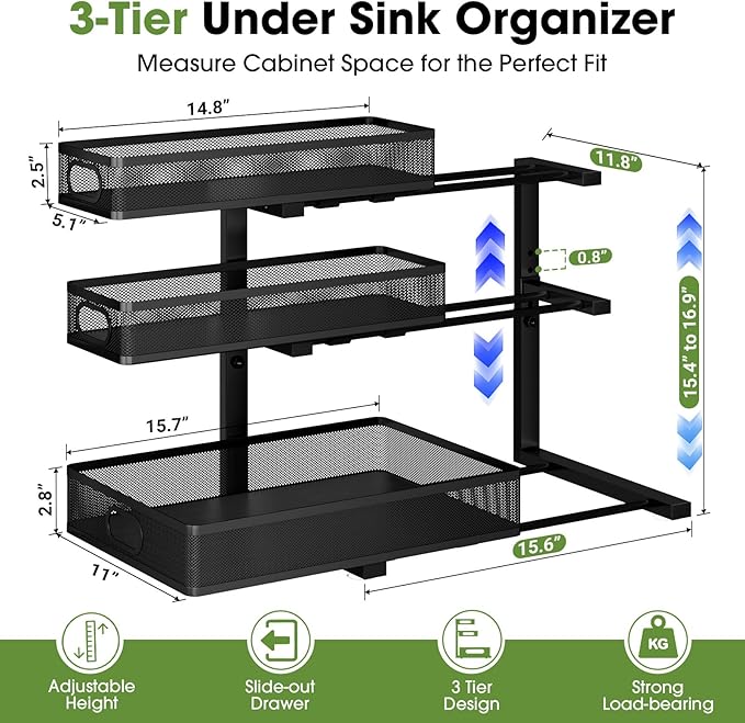 Under Sink Organizer 3 Tier, 4 Pack L-Shaped Pull-Out Cabinet Organizer with Sliding Metal Mesh Drawers, Height Adjustable Under Sink Storage Rack for Kitchen Bathroom Cabinet, Black