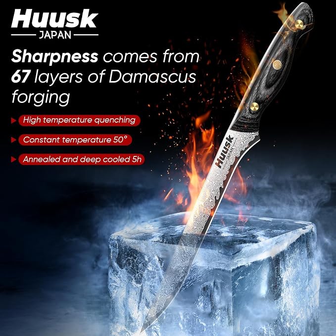 Huusk Damascus Boning Knife 8 inch, VG10 Brisket Trimming Knives for Meat Cutting, Flexible Fillet Knife, Butcher Knives, Kitchen Slicing Knives with Full Tang Handle, Christmas Gift for Men and Women