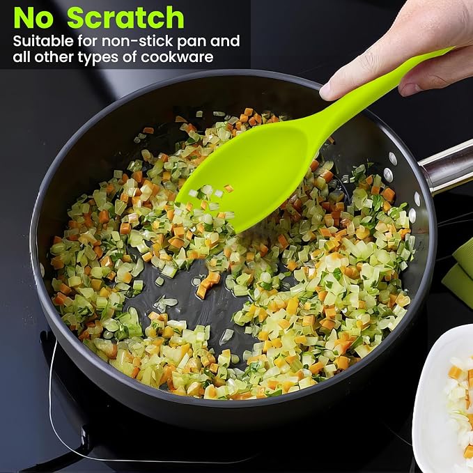 GEEKHOM Silicone Cooking Spoons, 4 Pieces 11" Heat Resistant Silicone Kitchen Utensils Set Large Serving Stirring Spoons for Non Stick Cooking, Mixing, Basting, Baking, Red+Green+Yellow+Orange