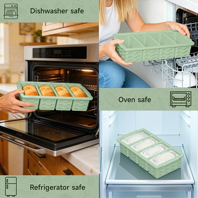 3-Pack Silicone Freezer Trays with Lid, Soup Freezer Container Molds, Silicone Freezer Molds, Ice Cube Tray for freezing Soup Sauce Broth Leftovers, Dishwasher & Oven Safe, BPA Free (1-cup,green)