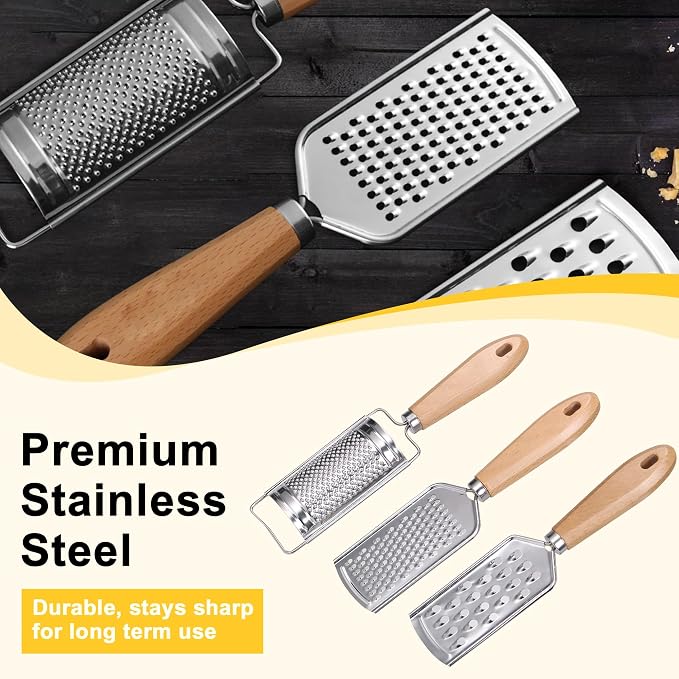 Handheld Cheese Graters with Cleaning Brush Stainless Steel Vegetable Grater with Wood Handle Multifunctional Kitchen Food Shredder for Chocolate Butter Nuts Ginger (Wooden Handle) By beardo decor