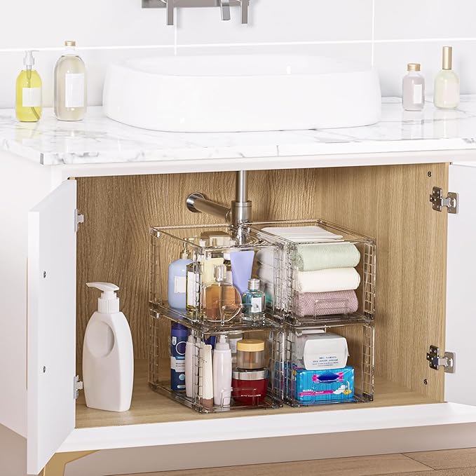 Vtopmart 4 Pack Large Stackable Storage Drawers, Clear | Easily Assemble Bathroom Closet Undersink Organizers and Storage Kitchen Cabinets,Pantry,Makeup,Medicine Organization