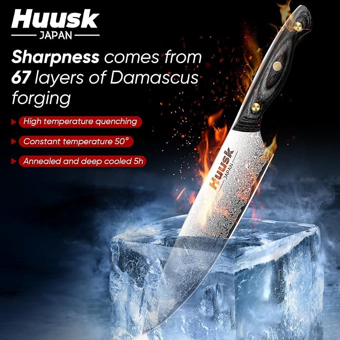 Huusk Damascus Chef Knife Set 3 PCS，VG10 Santoku Knives set，Damascus Kitchen Utility Knives set with Ebony Handle, Paring Knives Set for Meat Vegetable Fruit, Christmas Gift for Men and Women