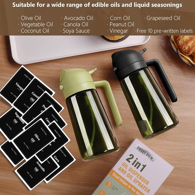 SWEET VIEW Olive Oil Dispenser and Oil Sprayer 16oz/470ml | Glass Light-Proof Oil Pourer for Kitchen with Stickers for Air Fryer, Cooking, Salad, and BBQ