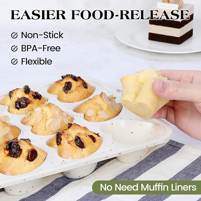 Heart Shaped Muffin Pan, 12 Cup, 2.5 Inch, Cream | 2 Pcs, Metal Reinforced Frame, Nonstick Silicone, Heart Cake Mold for Baking, Cupcake Tray