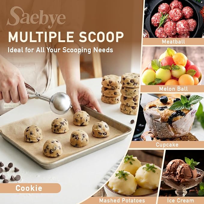 Saebye Cookie Scoop Set, Cookie Scoops for Baking Set of 3, Cookie Dough Scoop, 1 Tbsp/ 2 Tbsp/ 3 Tbsp, Melon Baller Scoop, Ice Cream Scoop with Trigger, for Cookie Cupcake Muffin Ice Cream Truffles