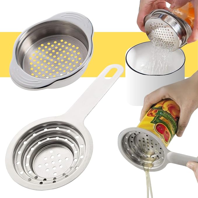 Pack of 2 Universal Can Colanders – Multipurpose Food Grade Colander with Handle for Large and Small Cans Vegetable Fruit Tuna Fish Strainer Small Strainer Set Stainless Steel