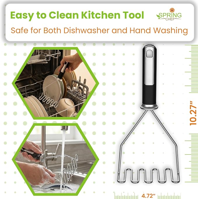 Spring Chef Potato Masher Stainless Steel - Heavy Duty Mashed Potato Masher Kitchen Tool - Fruit & Food Smasher For Avocado, Banana, Eggs - Bean Smasher Tool - Durable Metal Mashing Utensil