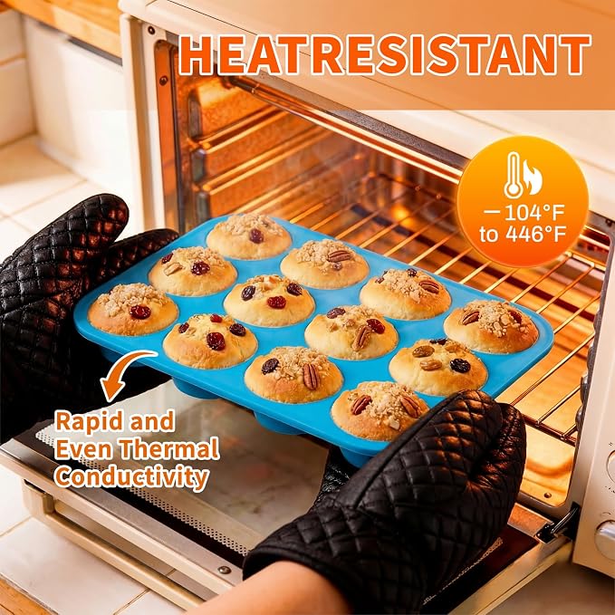 2Pack Silicone Muffin Pans with Metal Reinforced Frame,12 Cup Regular Size Silicone Cupcake Pan,Muffin Tin,Nonstick Cupcake Baking Molds for Muffins,Cupcakes,Egg Bites,BPA Free (2Pack Blue)