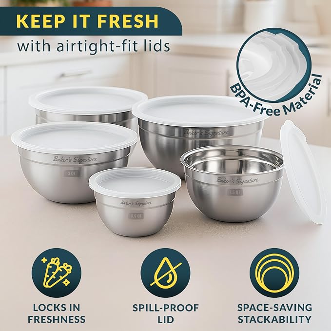 Stainless Steel Mixing Bowls with Lids Set of 5, Nesting Metal, 0.5-5 Qt | Mirror-finish interior, dishwasher safe & BPA-free; stack for food prep, cooking, storage & serving