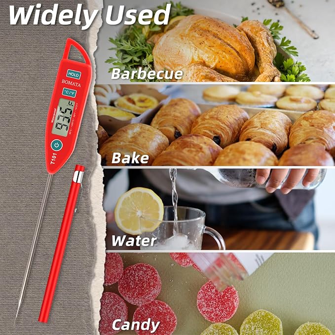 BOMATA Waterproof IPX7 Thermometer for Water, Liquid, Candle and Cooking. Instant Read Food Thermometer with Long Probe for Cooking, Meat, BBQ! T101 (Red Color)………