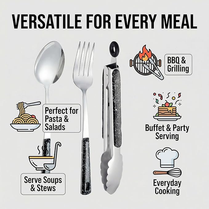 Stainless Steel Metal Serving Utensils - Set of Serving Spoons,Slotted Spoons, and Serving Tongs.serving fork,cake server