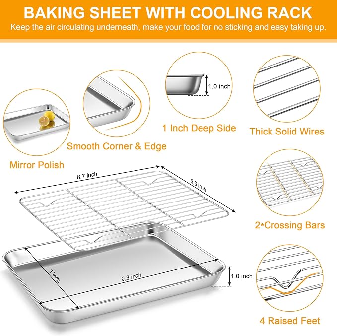 Homikit Mini Baking Sheet with Wire Rack for Toaster Oven (2 Pans+2 Racks) | 9x7 Inch Stainless Steel Baking Sheets with Cooling Racks Set, Small Cookie Pans Nonstick, Metal Bacon Tray, Dishwasher Safe