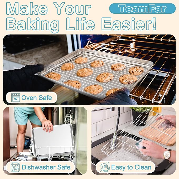 TeamFar Baking Sheet with Rack Set, 3 Pans + 3 Racks, 17.6/12.5/10.5 Inch | Stainless Steel Cookie Sheets Baking Pans Trays and Cooling Racks for Cooking, Non-Toxic & Heavy Duty, Dishwasher Safe