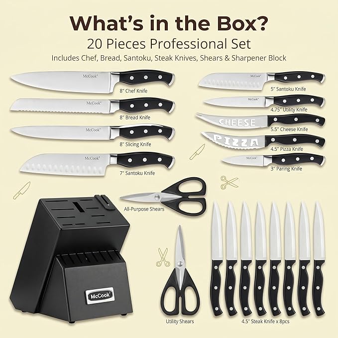 McCook® Knife Sets,German Stainless Steel Kitchen Knife Block Set with Built-in Sharpener, 20-Piece Razor-Sharp Kitchen Knives, Forged Triple Rivet,Full Tang,Ergonomic Handle,Elegant Box for Gift