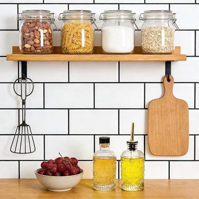 Kingrol Embossed Glass Olive Oil Dispenser Set - 6 Pack 7 oz Clear Bottles with Non-Drip Pour Spouts, Labels & Funnel for Oil, Vinegar & Dressing Organization