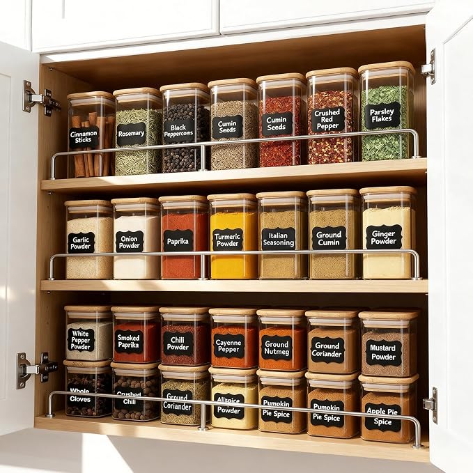 12 Pack 8 oz Square Glass Spice Jars with Lids and Labels – Airtight Small Spice Containers Set, Clear Glass Storage Jars for Seasoning, Spices, Kitchen Pantry Organization